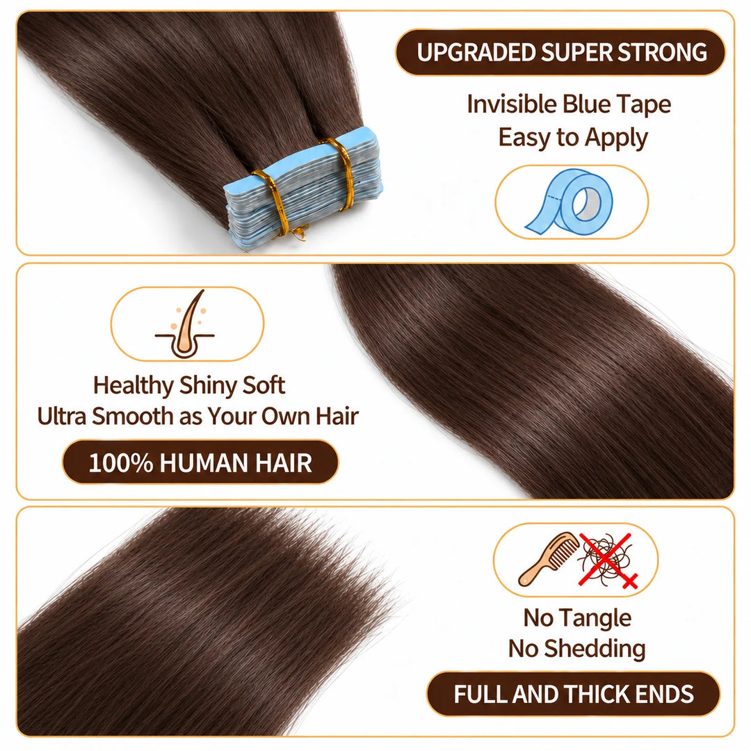 Real Human Tape-In Hair  Soft  Silky,hand tied hair extensions near me,tape extensions placement #2