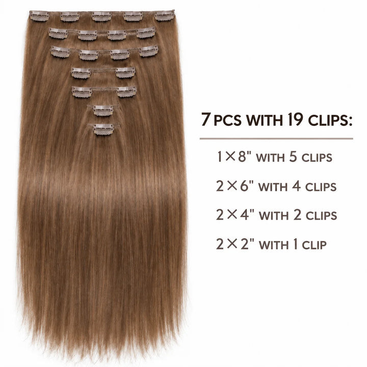 Remy Human Hair Clip-In Extensions 7 Pieces for Full Volume #6 Medium Light Brown