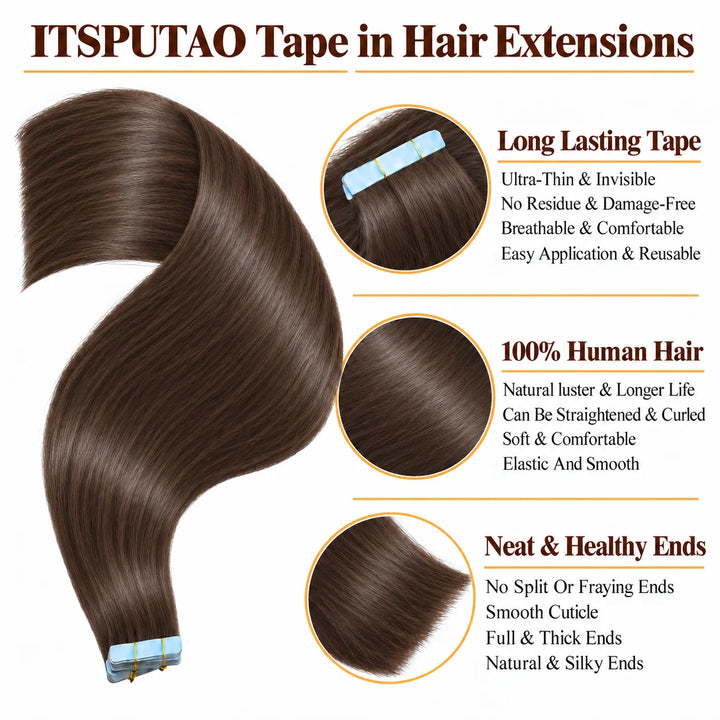 Real Human Tape-In Hair  Soft  Silky,hand tied hair extensions near me,tape extensions placement #4