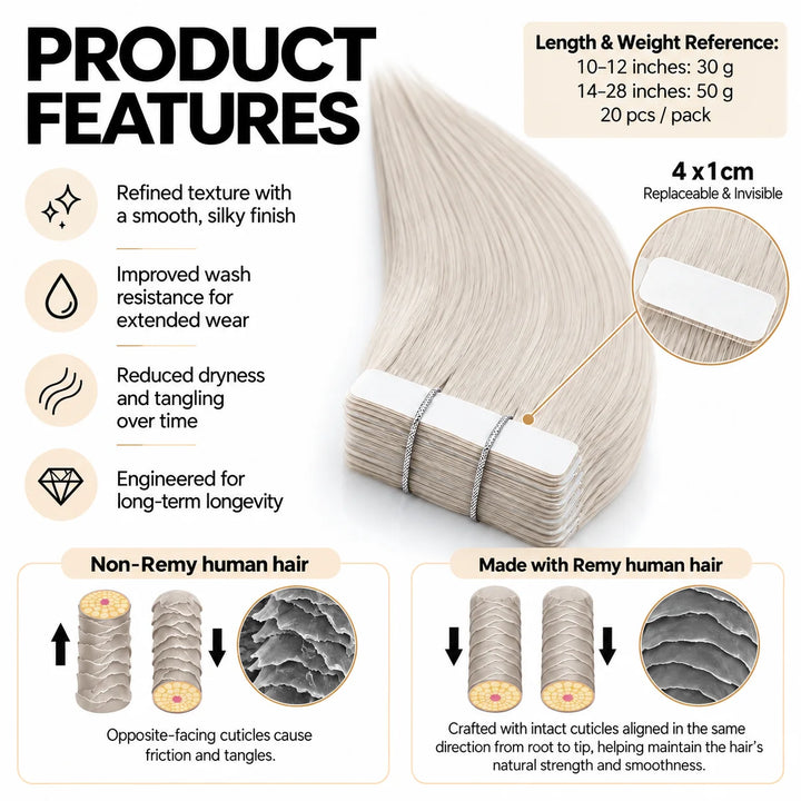 XJ Classic Tape in Hair Extensions 20pcs/pack Various colors #1000 Platinum Blonde