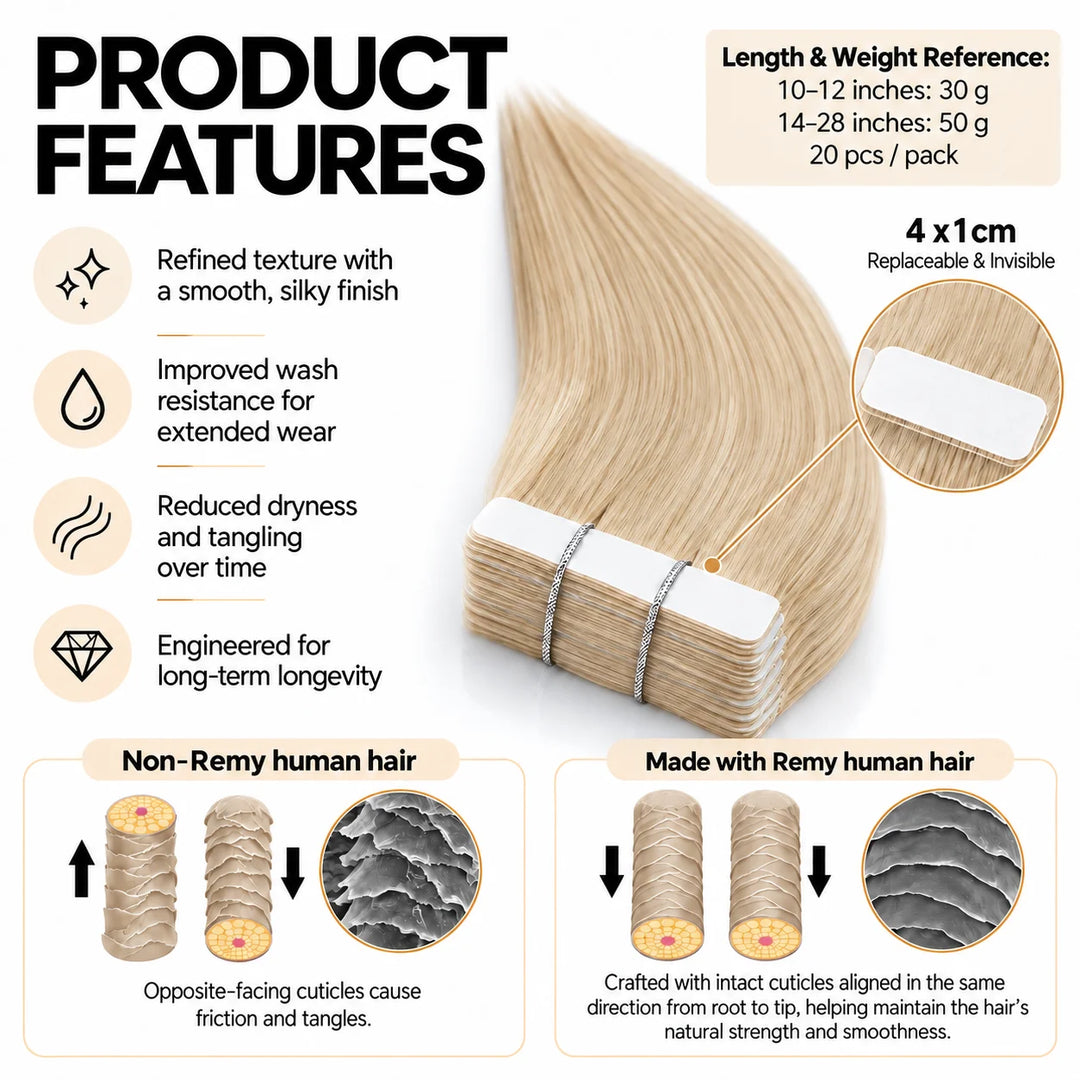XJ Classic Tape in Hair Extensions 20pcs/pack Various colors #P18613