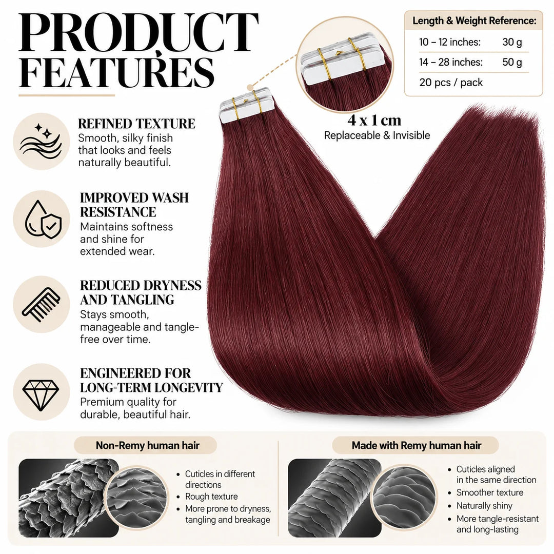 XJ Classic Tape in Hair Extensions 20pcs/pack Various colors # 99J