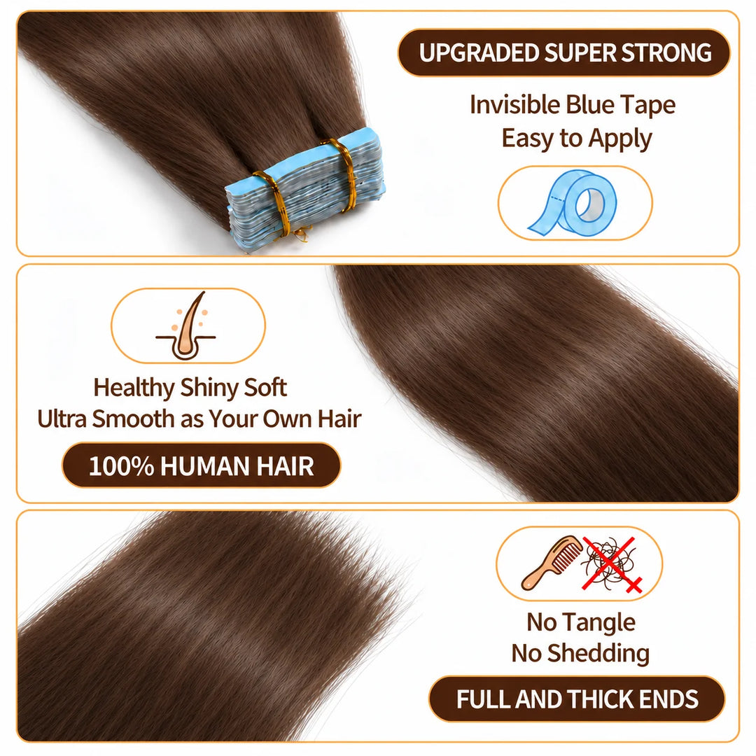 Real Human Tape-In Hair  Soft  Silky,hand tied hair extensions near me,tape extensions placement #4