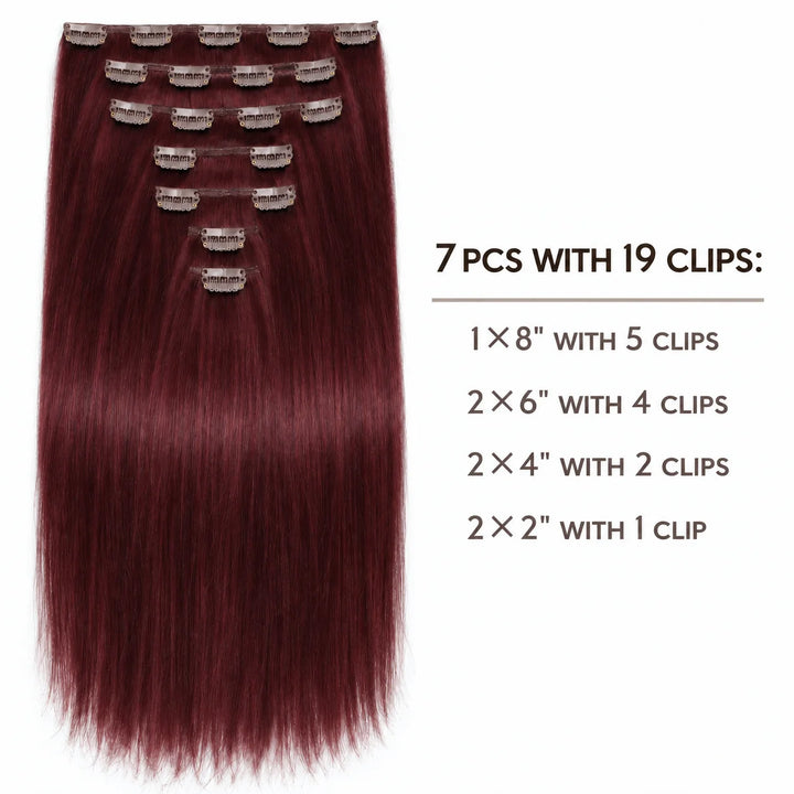 Remy Human Hair Clip-In Extensions 7 Pieces for Full Volume #99J Burgundy