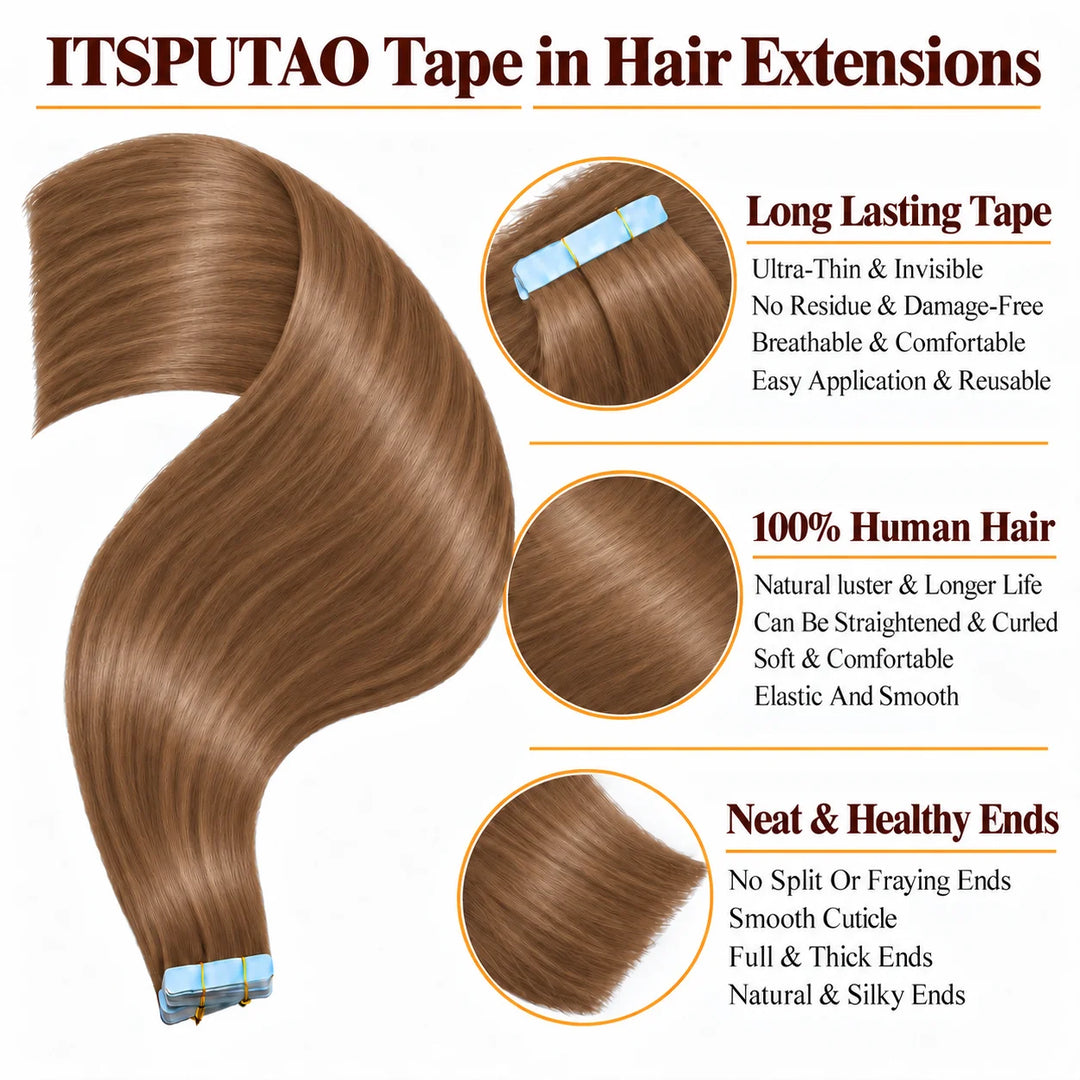Real Human Tape-In Hair  Soft  Silky,hand tied hair extensions near me,tape extensions placement #30