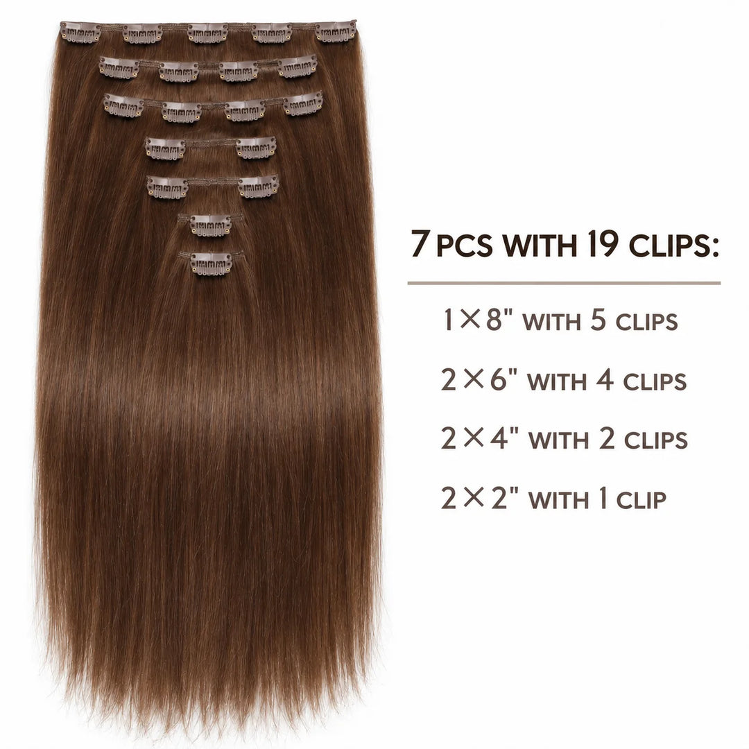 Remy Human Hair Clip-In Extensions 7 Pieces for Full Volume Brown (#4)
