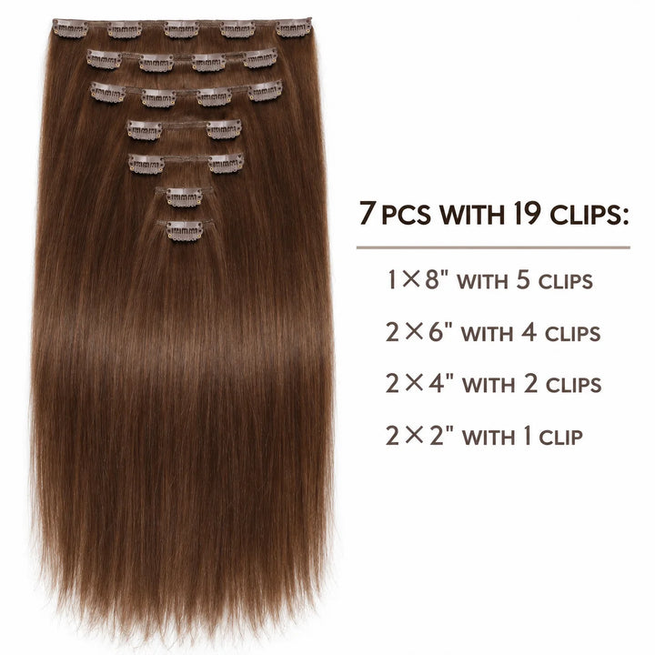 Remy Human Hair Clip-In Extensions 7 Pieces for Full Volume Brown (#4)