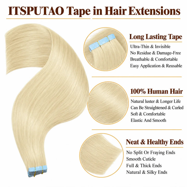 XJ Reusable Hair Tape Strips – Eco-Friendly & Budget-Saving_Placement Of Tape In Hair Extensions #60Platinum Blonde