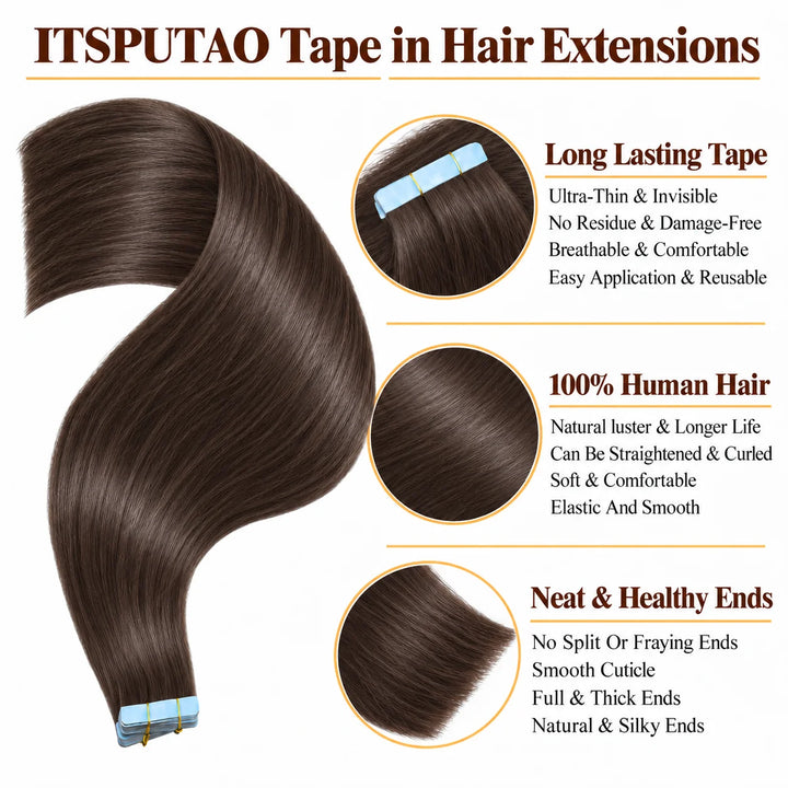 Real Human Tape-In Hair  Soft  Silky,hand tied hair extensions near me,tape extensions placement #2