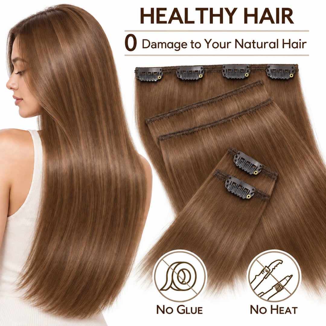 Remy Human Hair Clip-In Extensions 7 Pieces for Full Volume #6 Medium Light Brown