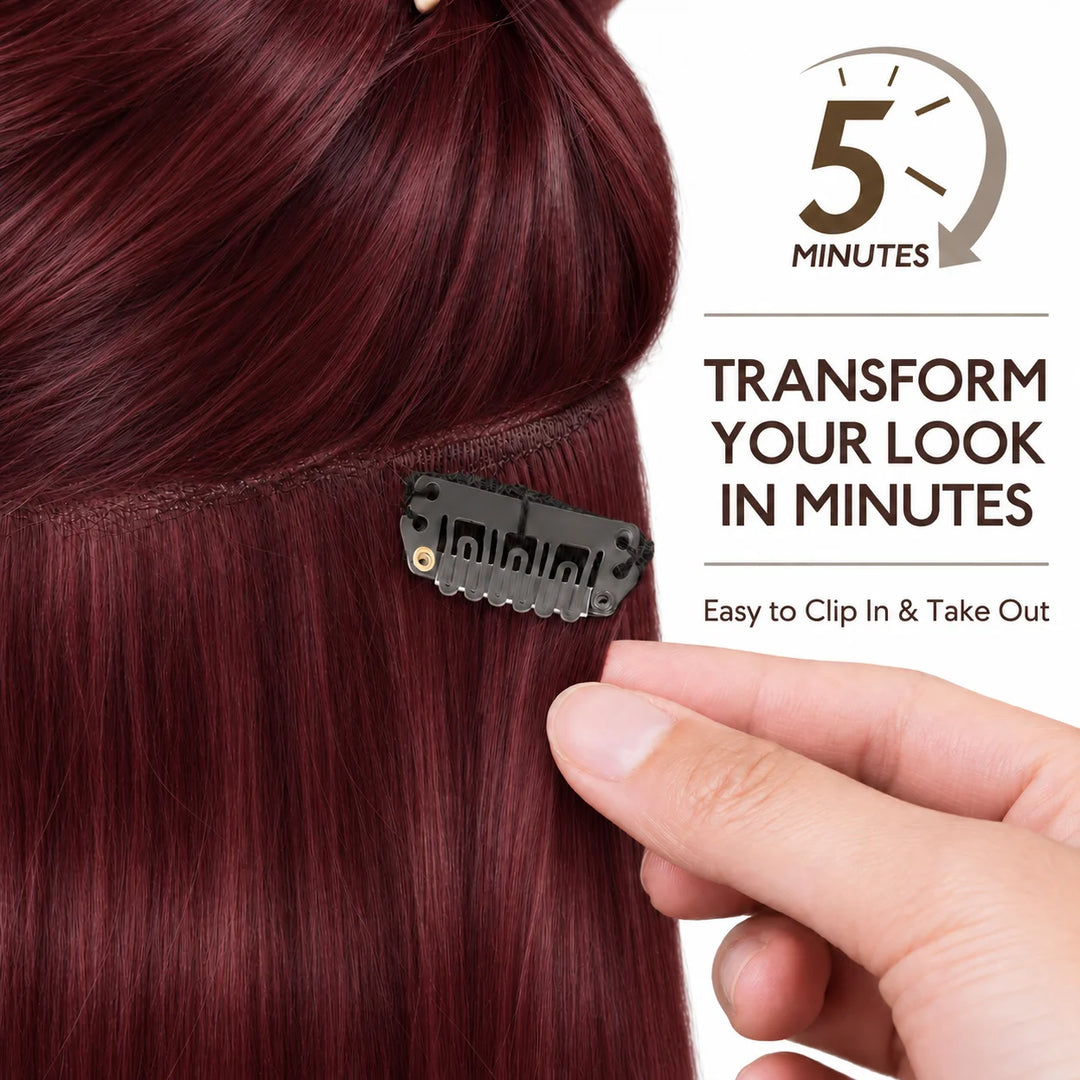 Remy Human Hair Clip-In Extensions 7 Pieces for Full Volume #99J Burgundy