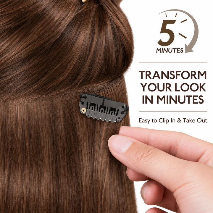 Remy Human Hair Clip-In Extensions 7 Pieces for Full Volume Brown (#4)