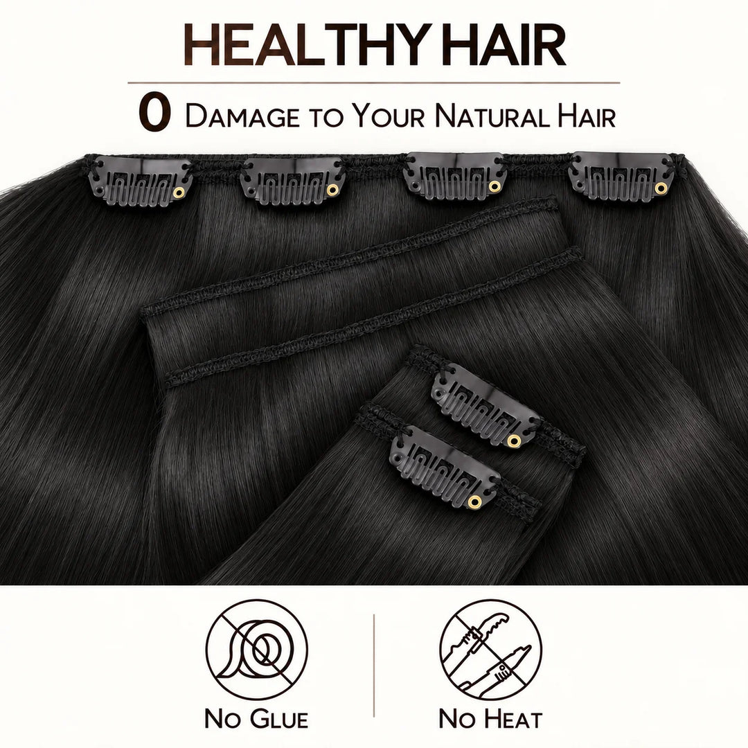 Remy Human Hair Clip-In Extensions 7 Pieces for Full Volume Natural Black (1B)
