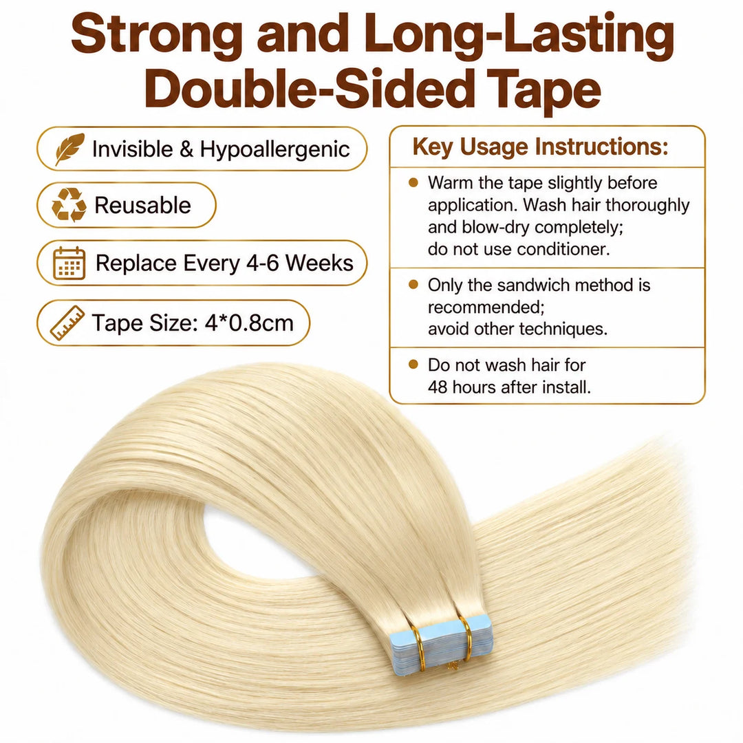 XJ Reusable Hair Tape Strips – Eco-Friendly & Budget-Saving_Placement Of Tape In Hair Extensions #60Platinum Blonde