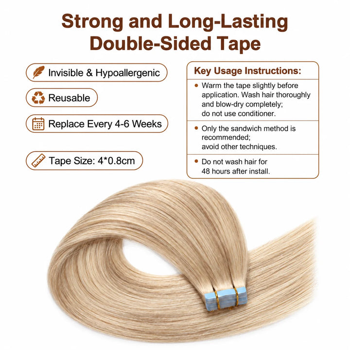 XJ Reusable Hair Tape Strips – Eco-Friendly & Budget-Saving_Placement Of Tape In Hair Extensions #P18/613