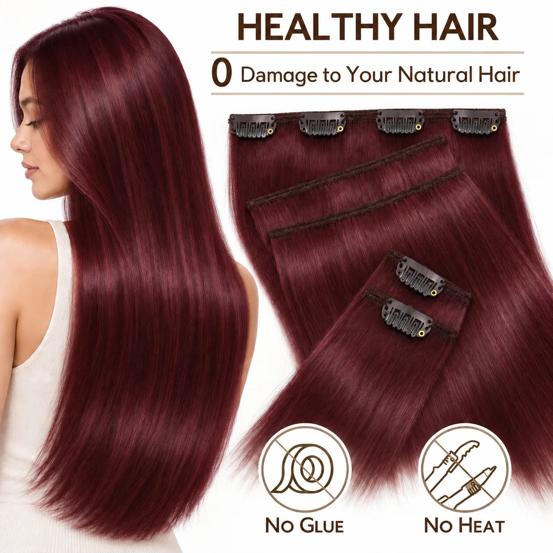 Remy Human Hair Clip-In Extensions 7 Pieces for Full Volume #99J Burgundy