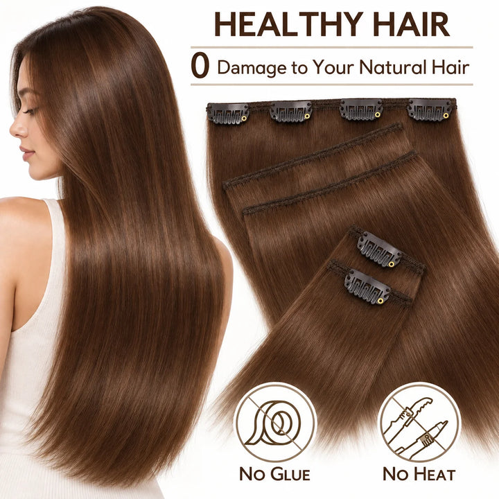 Remy Human Hair Clip-In Extensions 7 Pieces for Full Volume Brown (#4)