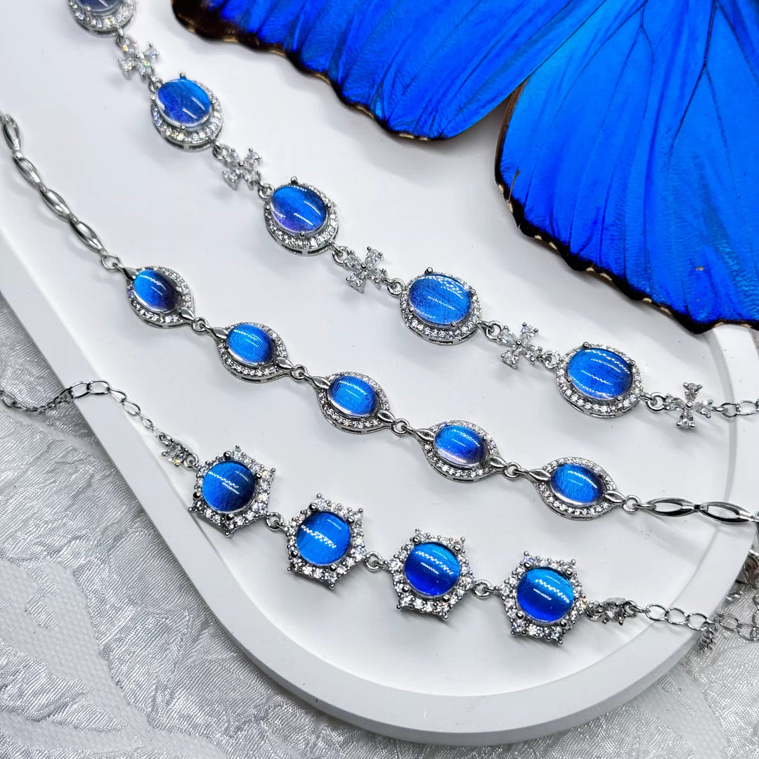 Eternal Blue Genuine Blue Morpho Butterfly Wing Specimen Bracelet in S925 Sterling Silver