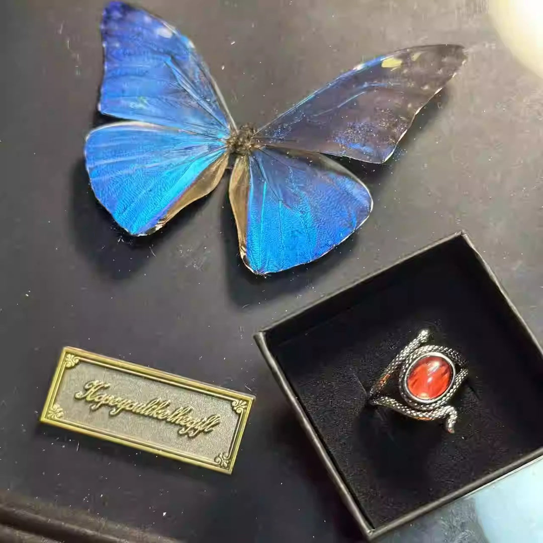 Handmade Crimson Butterfly Wing Ring - Genuine Blood Red Glider Specimen, Unfiltered Natural Beauty, Gothic Nature Inspired Gift, One-of-a-Kind Jewelry