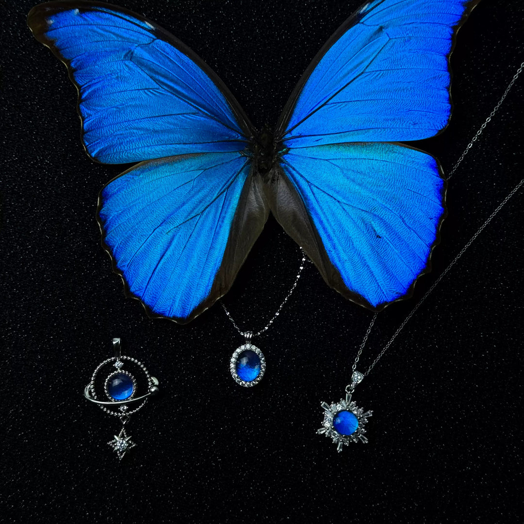Handmade S925 Sterling Silver Real Blue Morpho Butterfly Wing Necklace - Niche High-End Specimen Pendant Gift for Couples