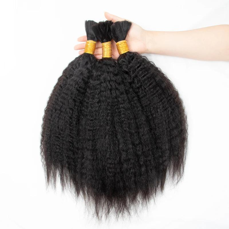 XJ HAIR Raw Black Kinky Straight Human Hair Bulk Extension For Braiding