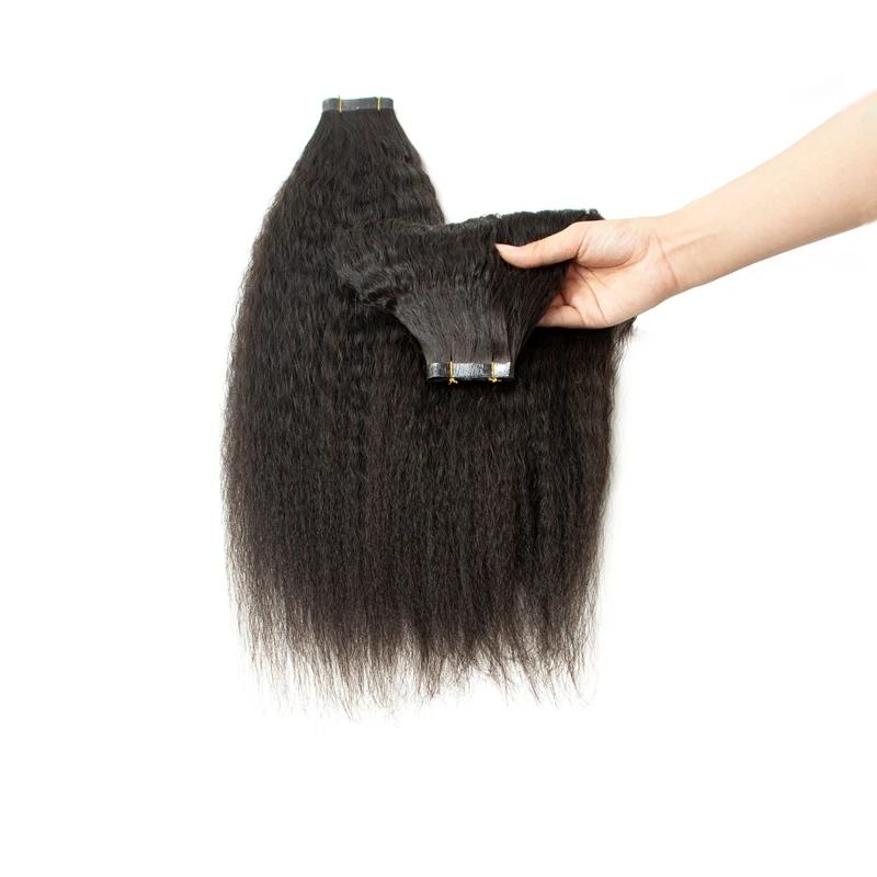 XJ HAIR Raw Black Kinky Straight Long PU Tape Weft Human Hair Extensions