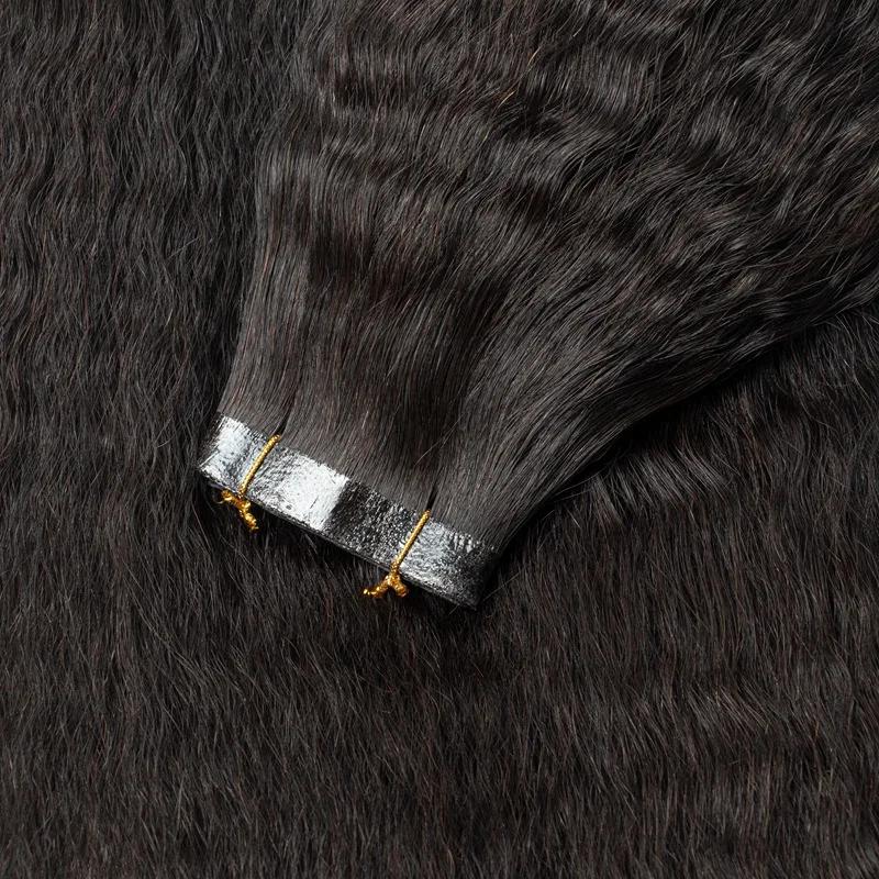 XJ HAIR Raw Black Kinky Straight Long PU Tape Weft Human Hair Extensions